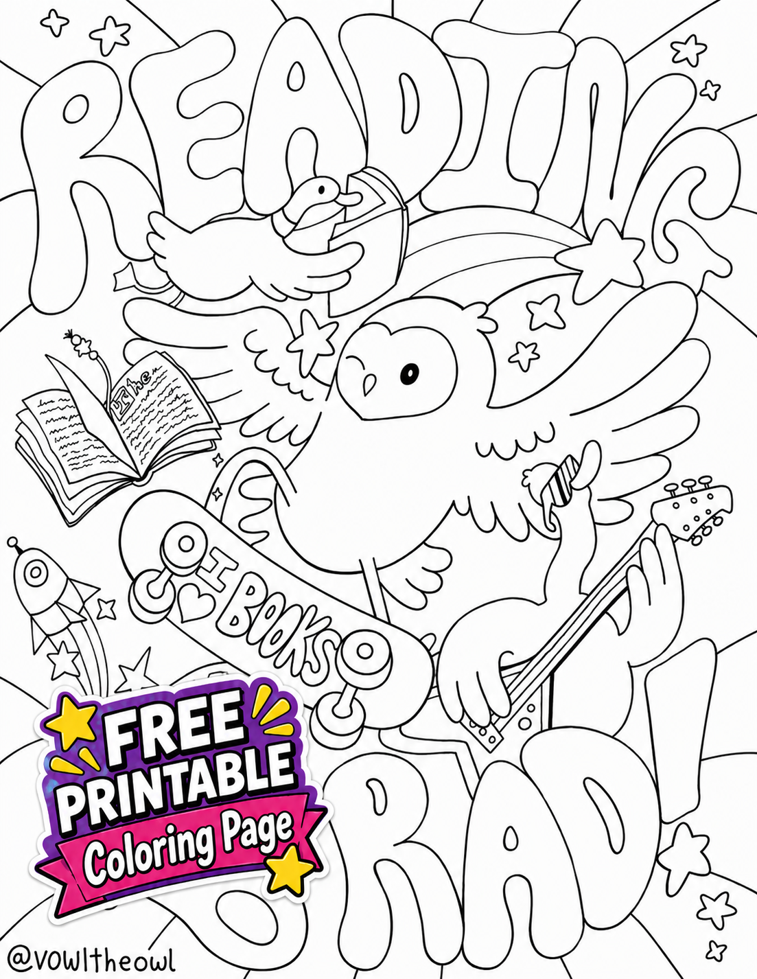 Free printable Reading Is Rad Vowl the Owl coloring page