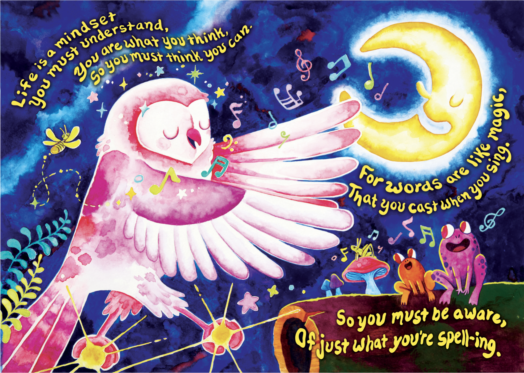Pink owl singing to the moon with stars and music