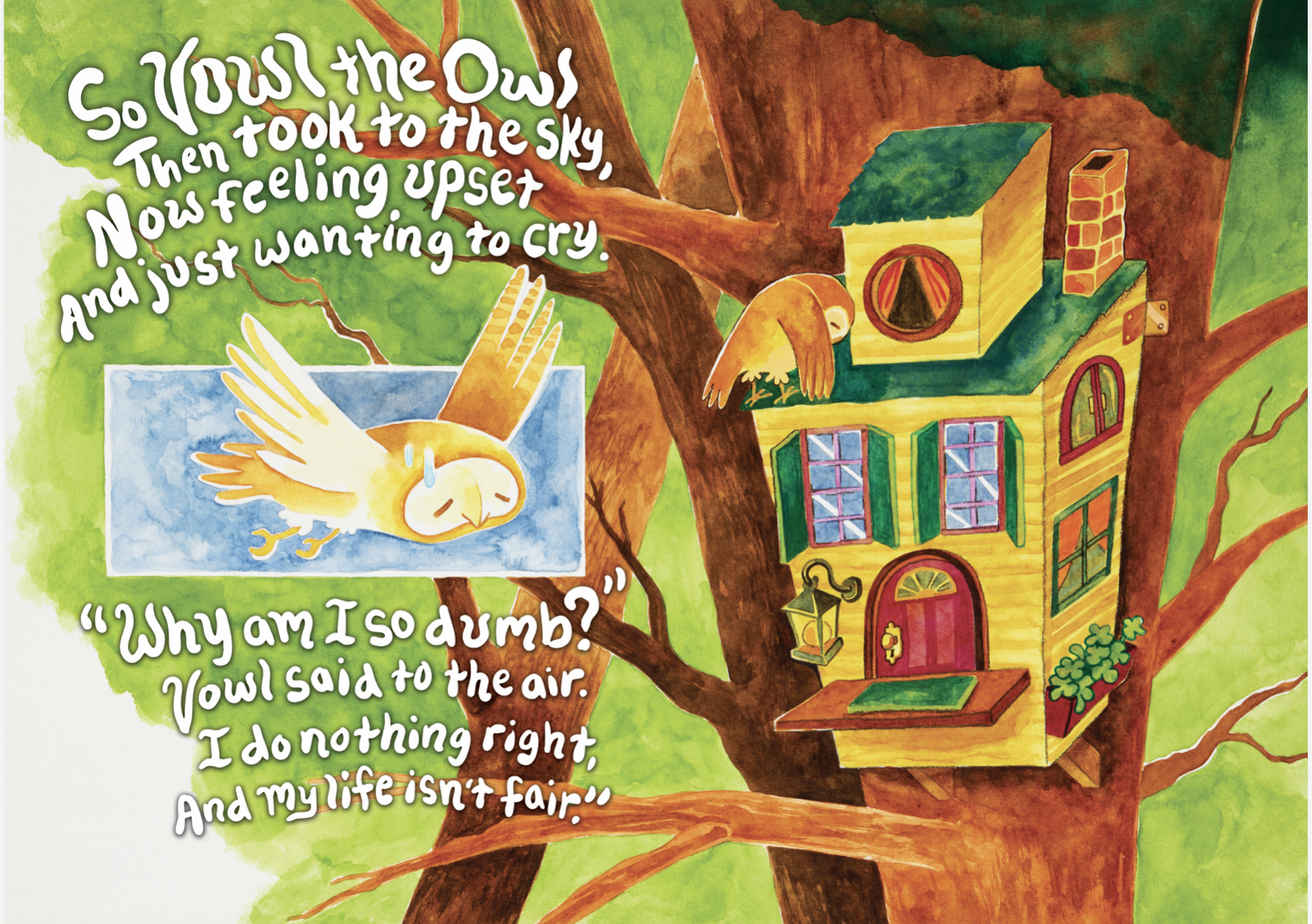 Vowl feeling upset near her treehouse